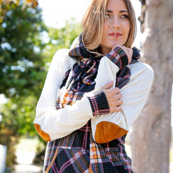 Multicolor Plaid Cable Knit Elbow Pad Hoodie - Picture 2 of 8